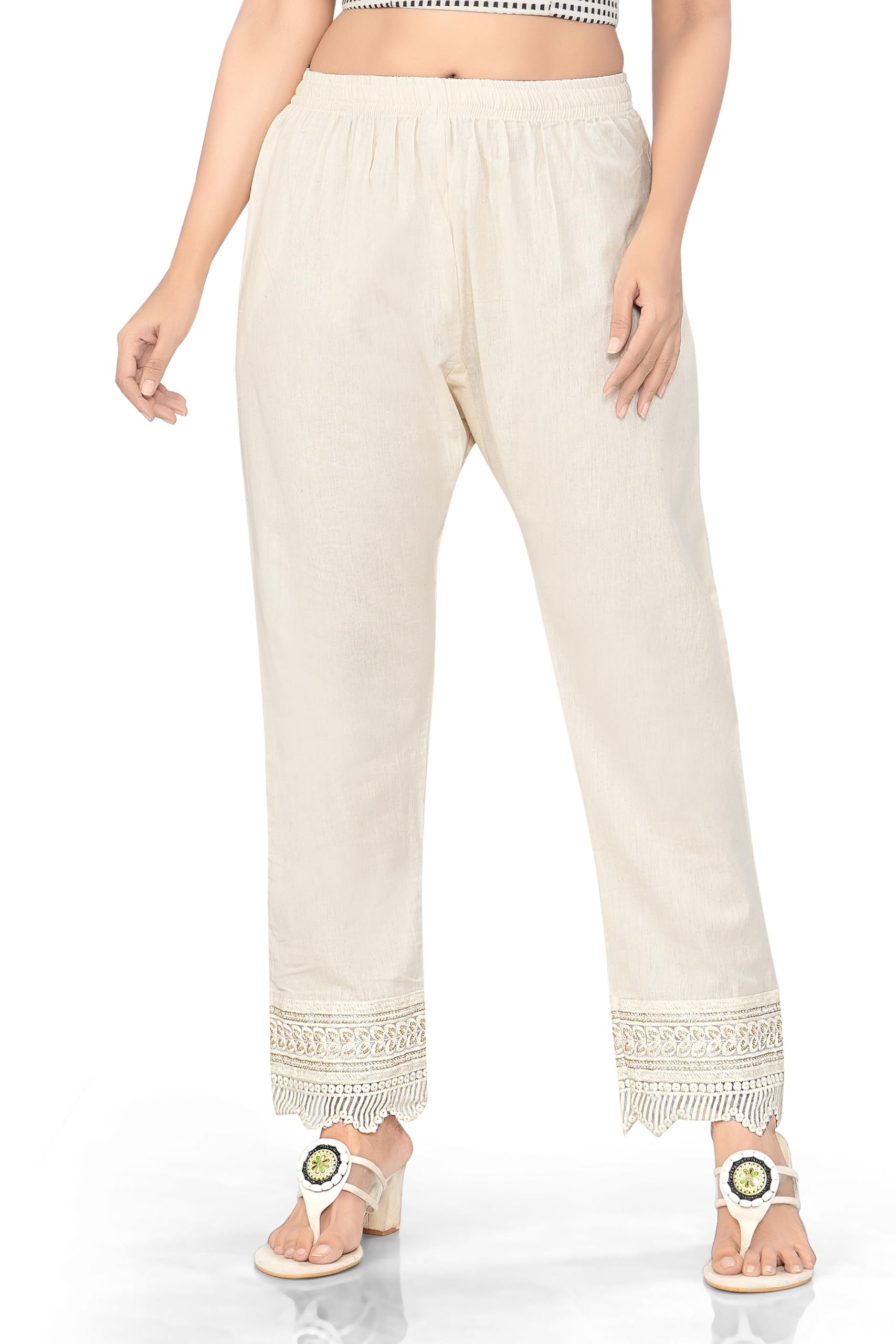 Women's Cotton Palazzo Pants, Off White, Khadi, Lace Hem Detail, Elastic Waist, Casual Wear-picture-40