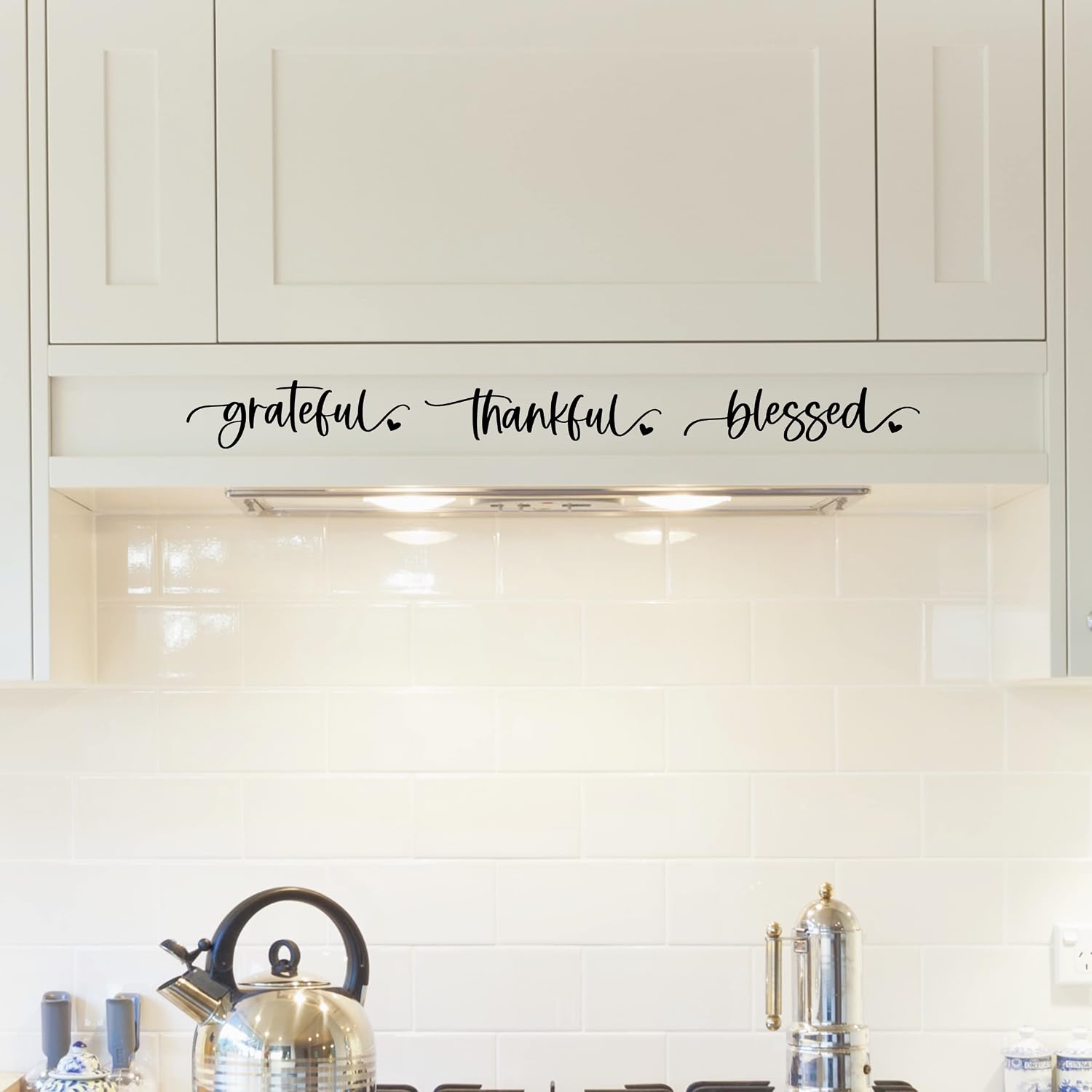 Thankful Grateful Blessed Vinyl Wall Decal, Religious Farmhouse Wall Decor, Thanksgiving Kitchen Decorations, Choose from Black, White, Silver & Gold