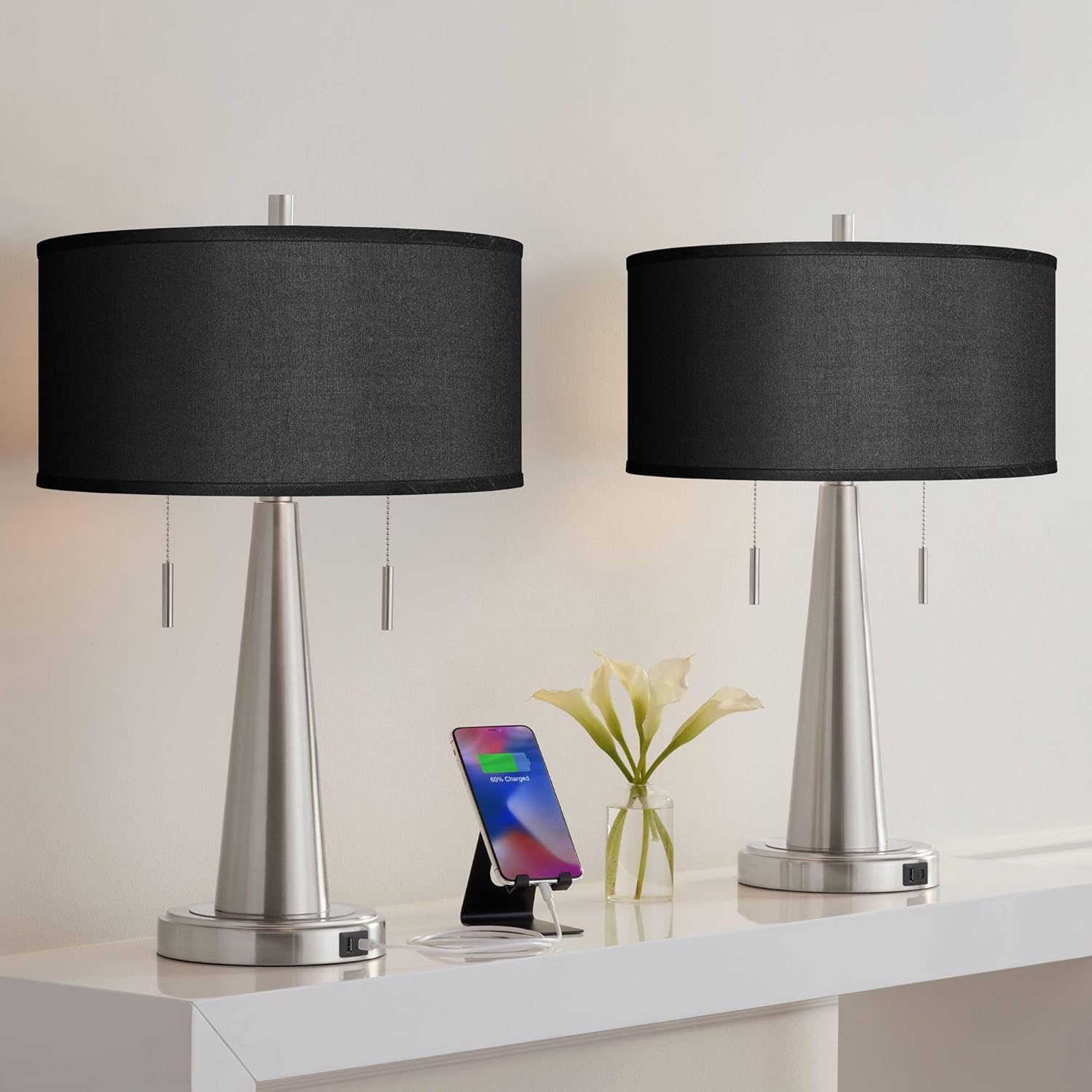 Possini Euro Design Modern Accent Table Lamps 23" High Set of 2 with USB Charging Port Brushed Nickel Metal Textured Black Faux Silk Drum for Living Room Desk Bedroom House Bedside Nightstand Home