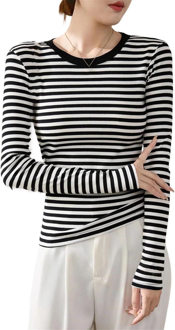 Black and White Striped T-Shirt Women's Cotton Outfit Slim Fit Shoulder Top Long Sleeved Base T-Shirt