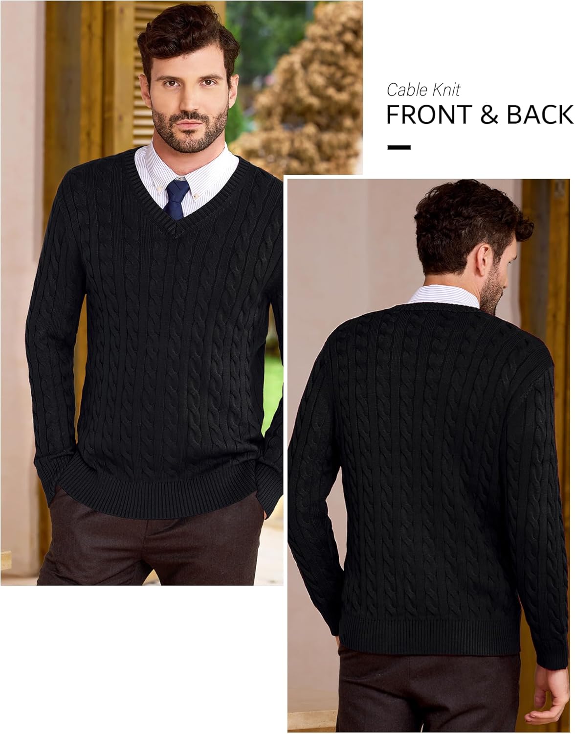 Kallspin Mens V Neck Sweater Wool Blend Cable Knit Pullover Long Sleeve Casual Business Winter Fall Knitwear - Image 4