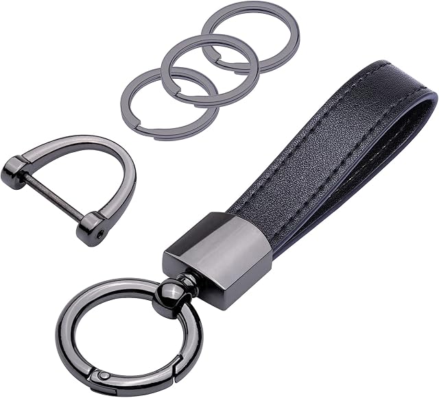 wisdompro Genuine Leather Car Keychain, Universal Key Fob Keychain Leather Key Chain Holder for Men and Women, 360 Degree Rotatable, with Anti-lost D-ring, 3 Keyrings and 1 Screwdriver