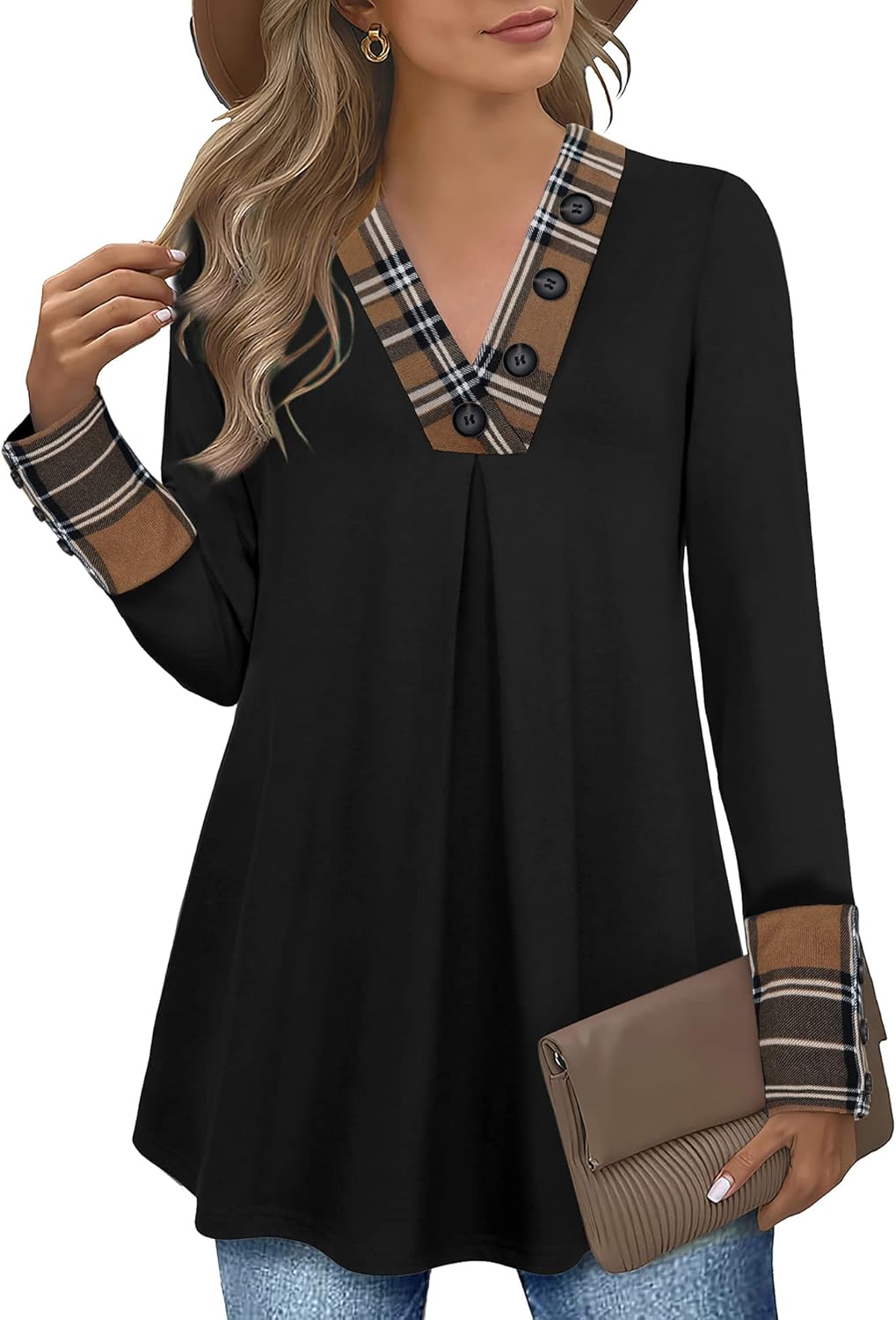 Messic Women's Long Sleeve Button V Neck Flowy Pleated Shirts Casual Tunic Tops Blouse