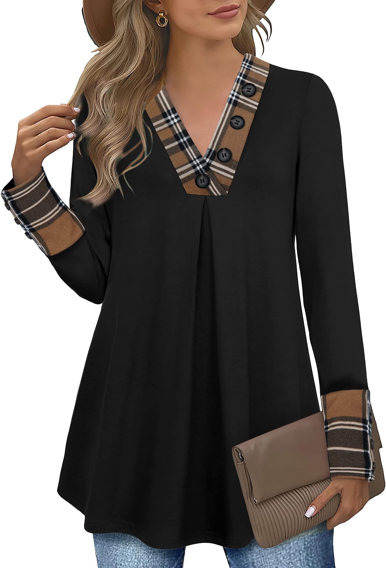 MessicWomen's Long Sleeve Button V Neck Flowy Pleated Shirts Casual Tunic Tops Blouse