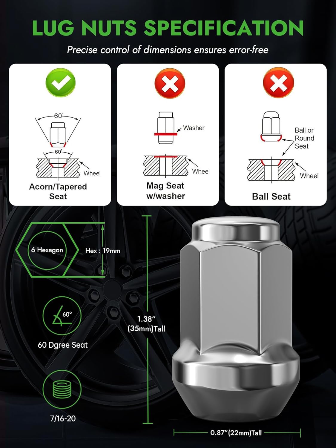 AUTOPTIM 7/16-20 Wheel Lug Nuts - Replacement for 1964-1983 Chevy Malibu, 1967-1981 Camaro, 1969-1972 Blazer, 1958-1970 Impala, 20PCS Chrome Closed End Lug Nut