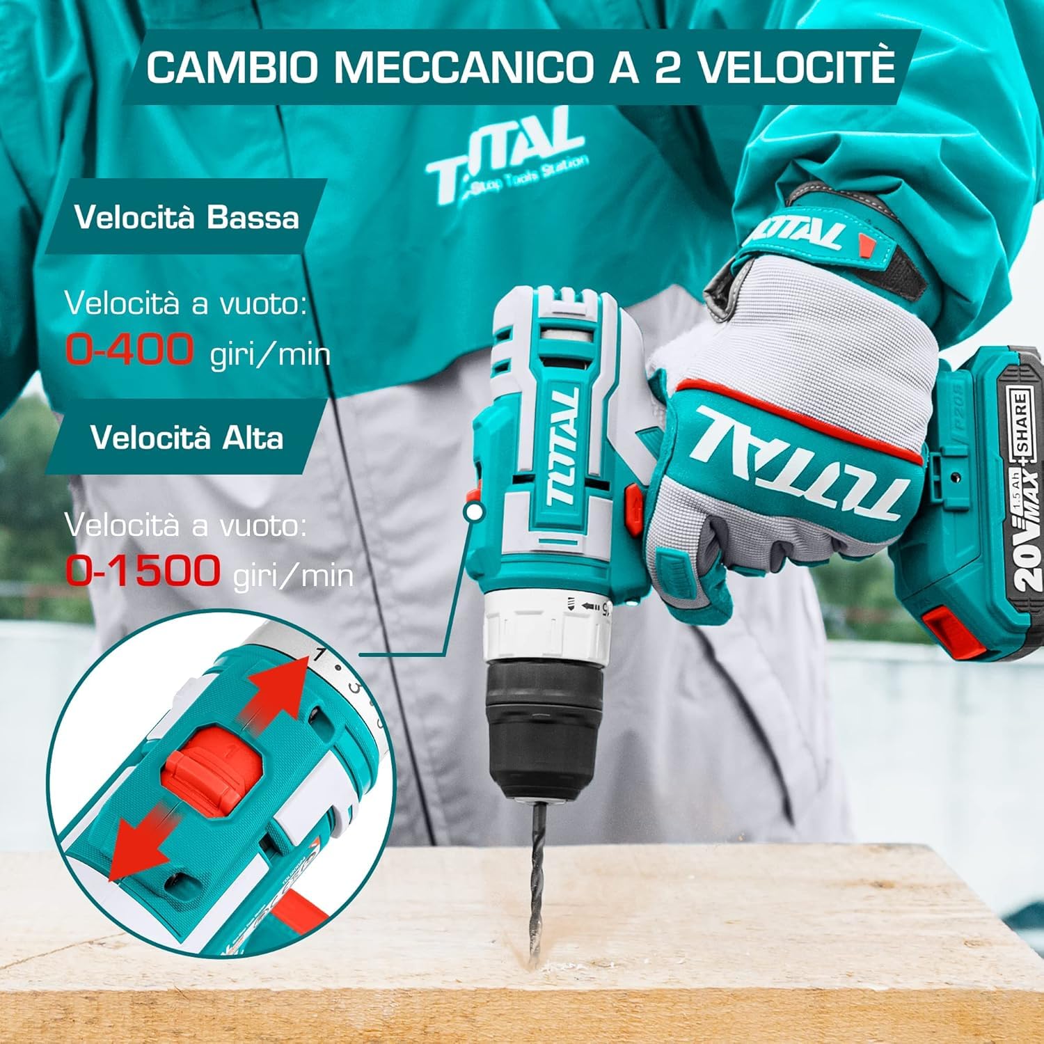 TOTAL - Trapano Avvitatore Batteria 20V, Trapano A Batteria 2Ah Con Caricabatterie, 45Nm Di Coppia 15+1 Impostazioni, 2 Velocità, 10mm Mandrino Autoserrante, Trapano Avvitatore Per Fai Da Te
