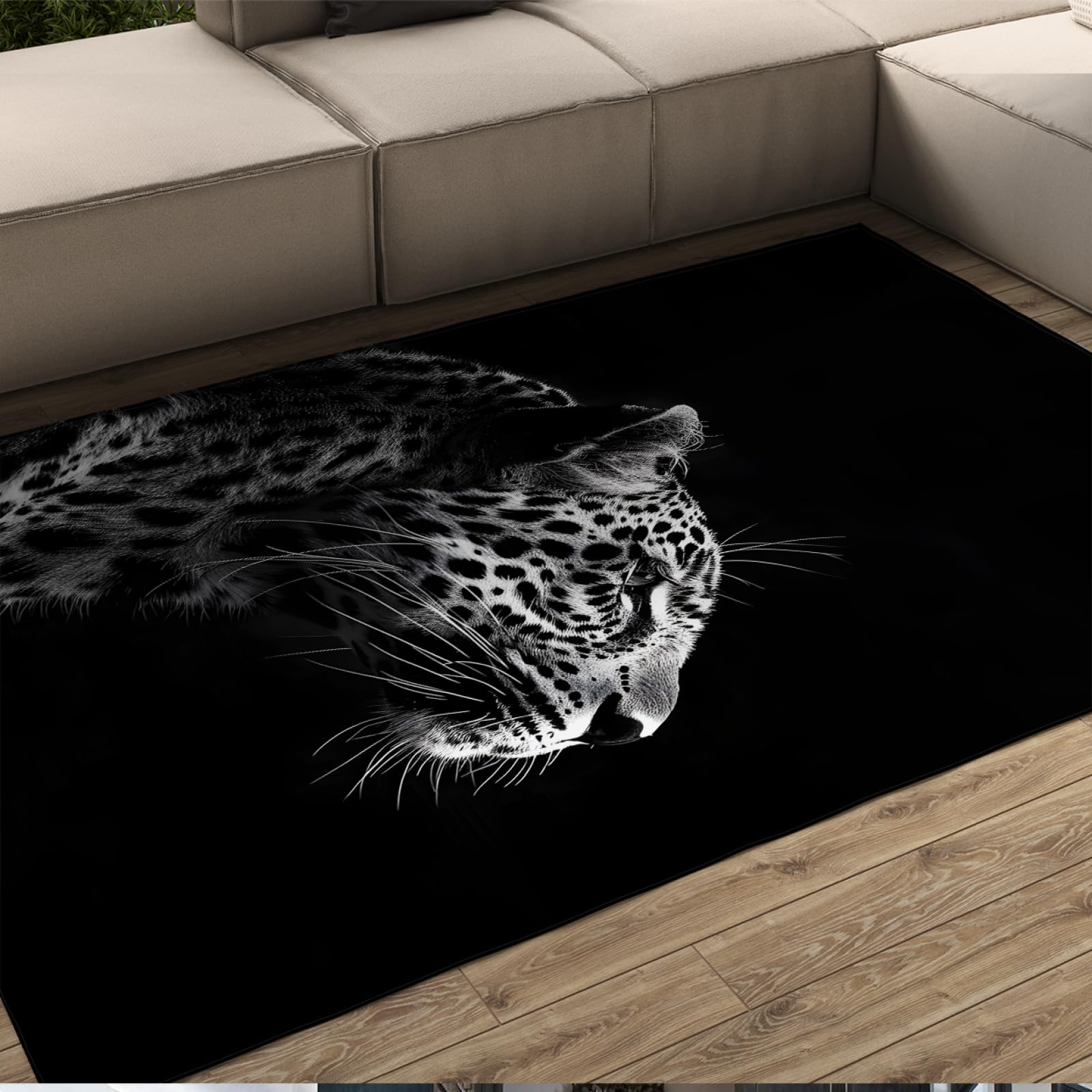 Tapis léopard moderne noir 140x200 anti-glisse grand tapis de sol décor sauvage de salon