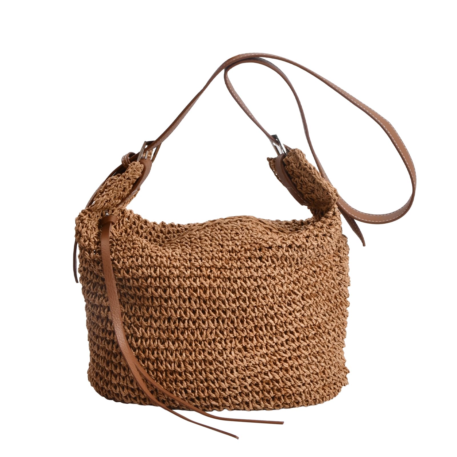 hongmo Bolso de Hombro de Paja para Mujer, Bolsa Tejida de Gran Capacidad Bolsa de Playa de Verano, Bandolera Estilo Bohemio Bolsos Tejidos Crochet para Vacaciones Fechas, Marrón