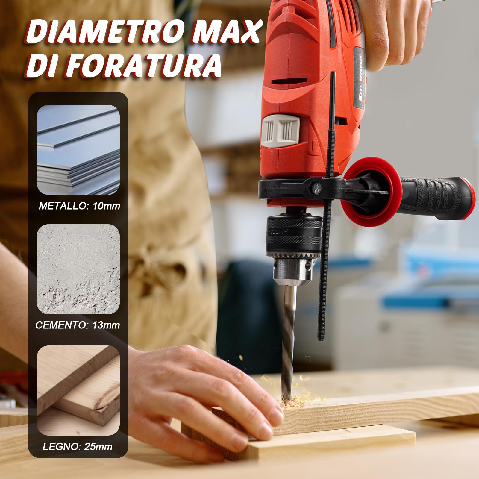 Enventor Trapano a Percussione 900W, Trapano Elettrico a Filo con 37 Accessori, Funzione 2 in 1, 0-3000RPM, Impugnatura Ausiliaria a 360°, Mandrino da 13MM, per Calcestruzzo, Metallo e Legno
