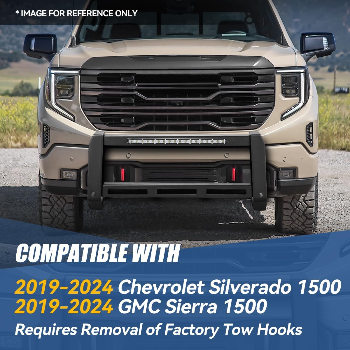 Auto Dynasty - Front Bumper Modular Bull Bar Brush Grille Guard with LED Light Bar and License Plate Mounting Bracket Compatible with Silverado Sierra 1500 2019-2024, Carbon Steel, Textured Black