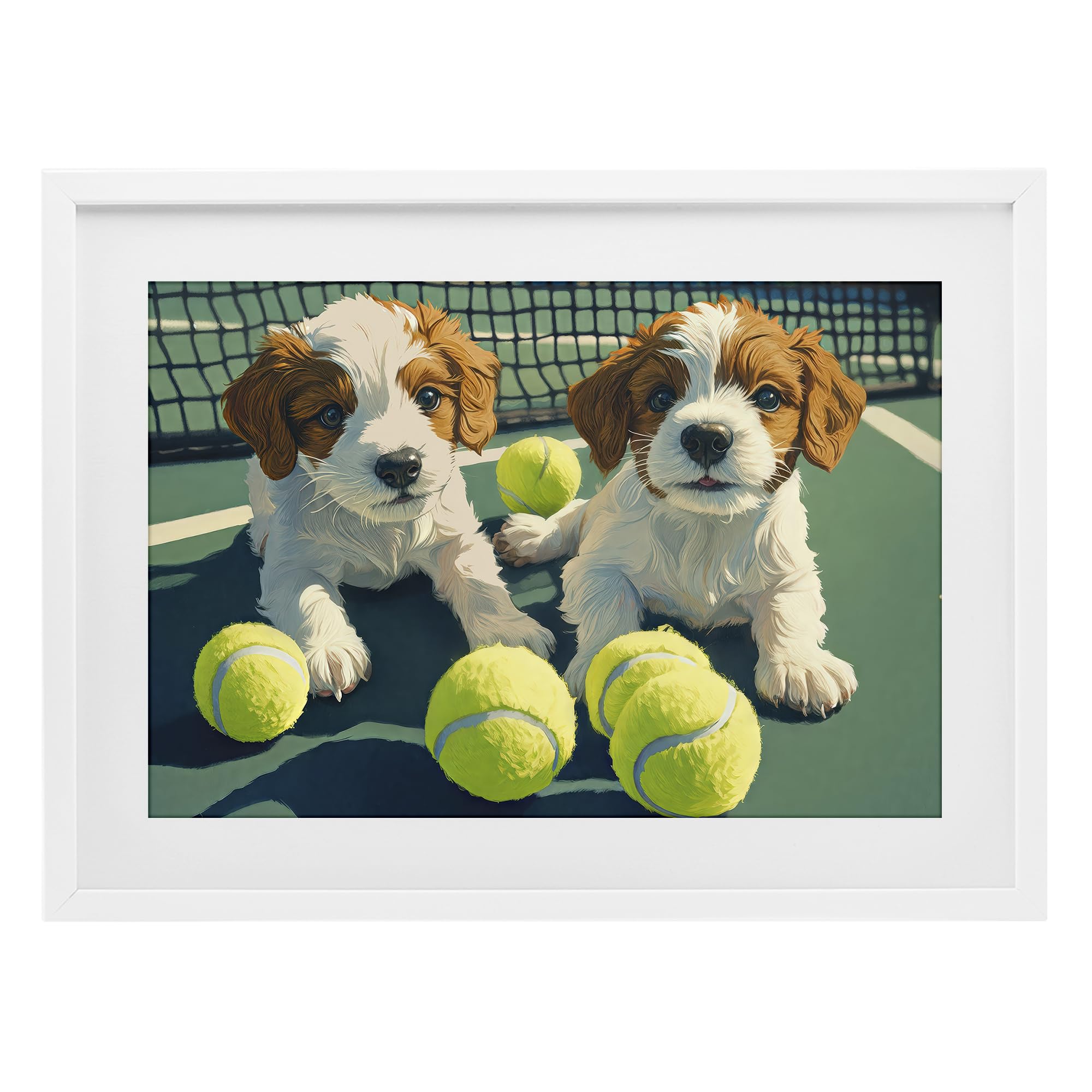 'Playful Puppies with Tennis Balls'| Framed Print Under Glass