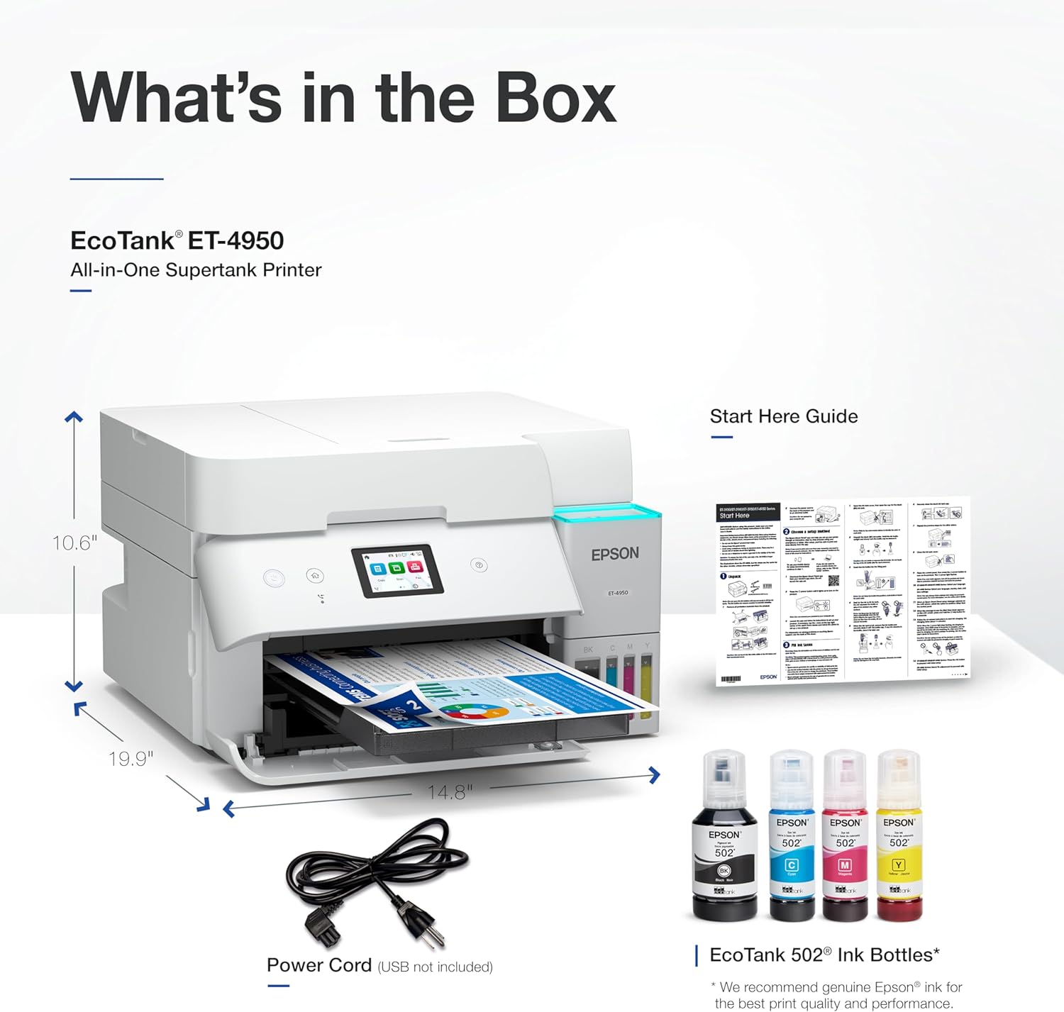 Epson EcoTank ET-4950 printer and included items: power cord, ink bottles, and manual.