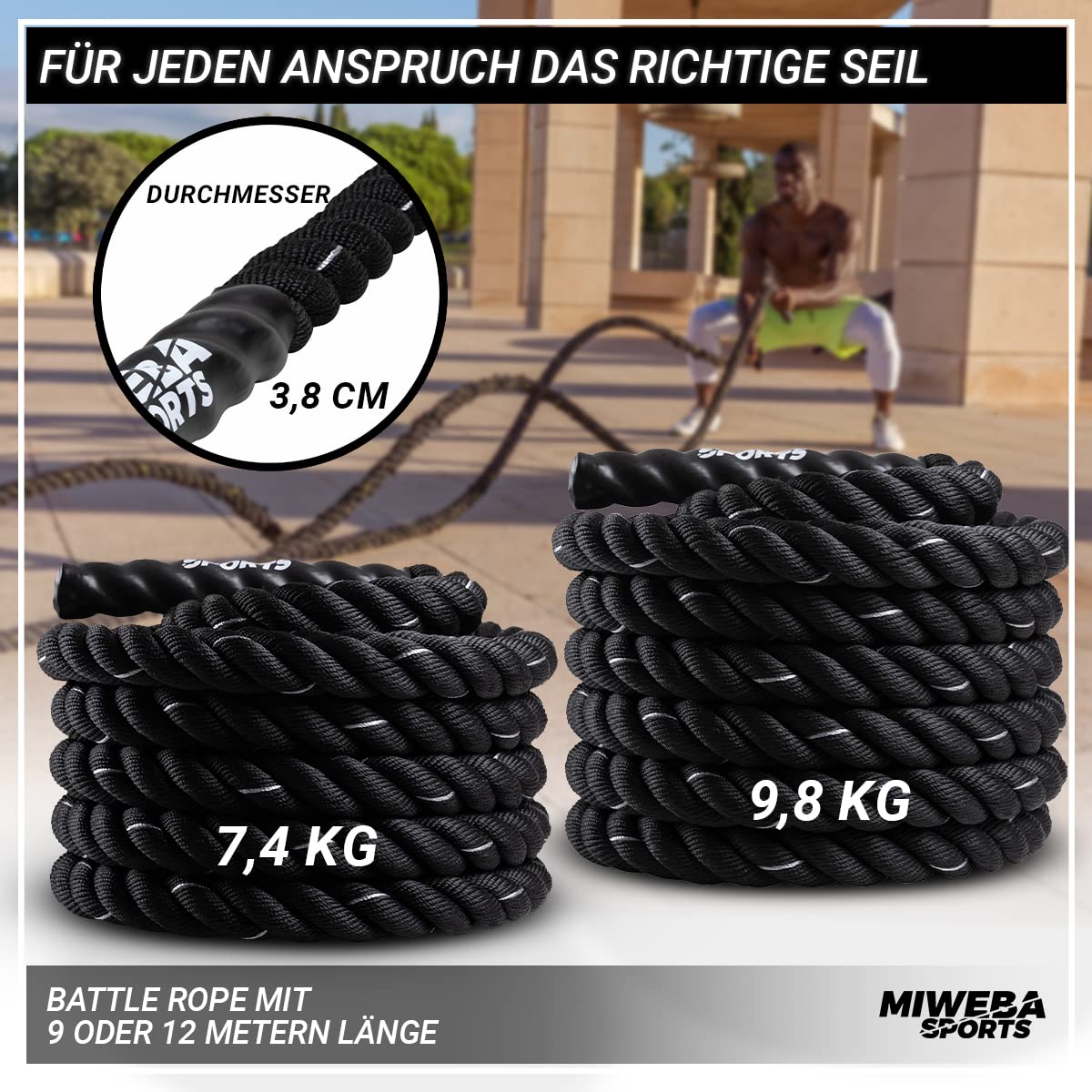 Miweba Sports Battle Rope BR100 | 9m / 12m - Trainingsseil Ø 40 mm - Schlachtseil - Schwingseil - Fitnessseil - Battle Ropes - Fitness Seil - Schlagseil - Schwungseil - Sportseil - Indoor & Outdoor