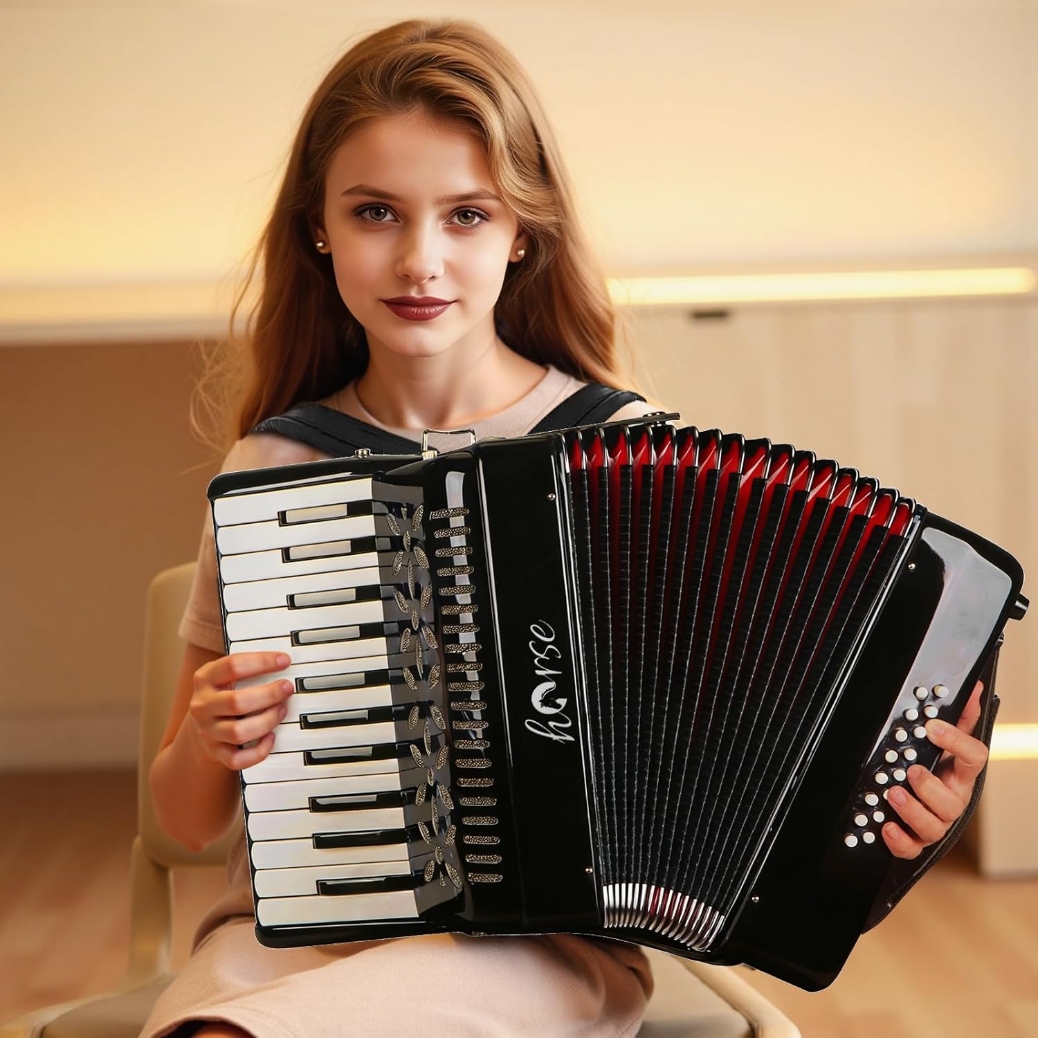 25 Keys Accordion, 16 Bass Piano Accordion Acordeón Acordeones Para Adultos for Beginner and Adults, Lightweight Portable with Adjustable Straps, Cleaning Cloth, Glove, and Carrying Bag(Black)