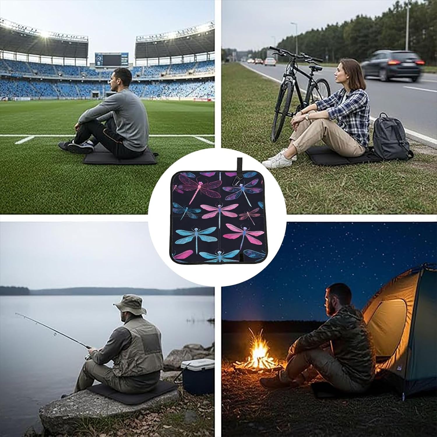 (Purple Dragonfly) Sitting Pad Foldable Seat Cushion Lightweight Camping Seat Mat with Hook for Outdoor Hiking Picnic Camping