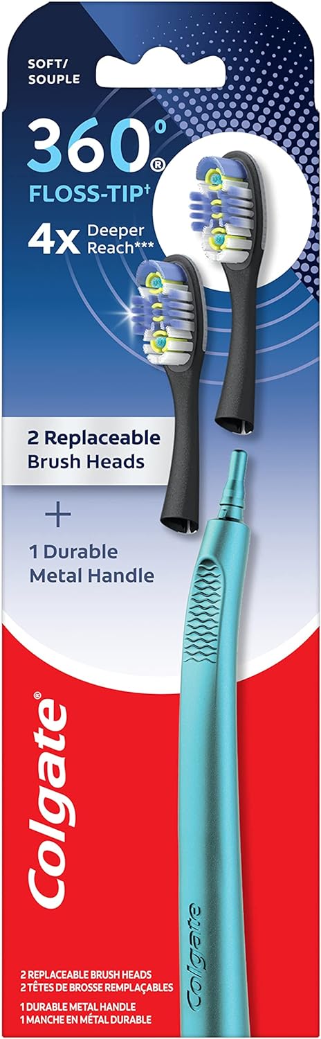 Colgate 360 Floss Tip Replaceable Head Toothbrush Starter Kit, 2 Brush Heads and Metal Handle