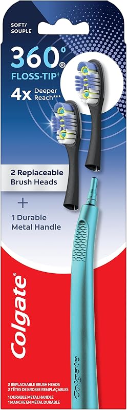 Colgate 360 Floss Tip Replaceable Head Toothbrush Starter Kit, 2 Brush Heads and Metal Handle