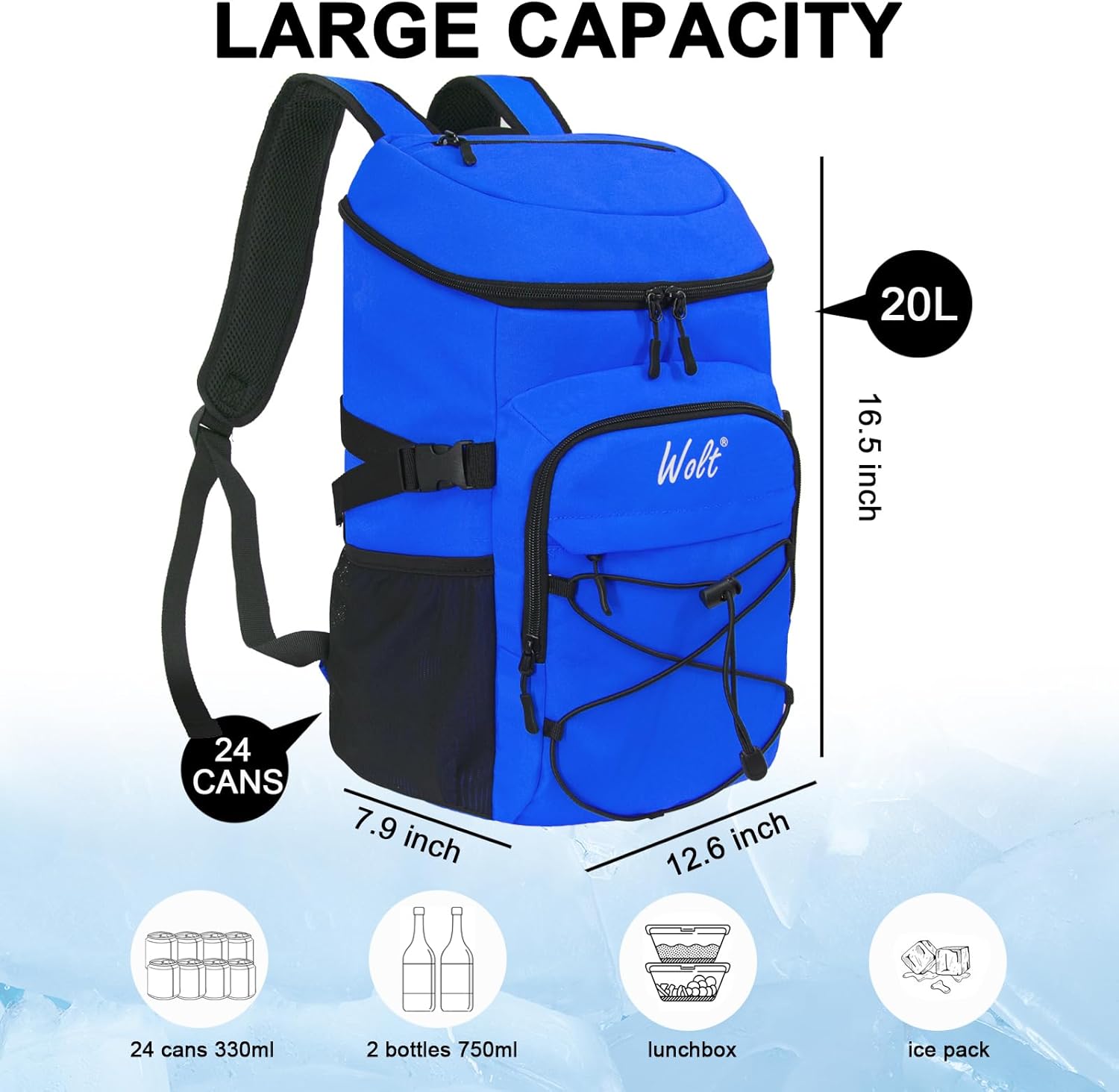 WOLT Cooler Backpack,24 Cans Insulated Backpack Cooler Leakproof,Lightweight Soft Cooler Bag,Camping Cooler,Large Capacity Beach Cooler,Waterproof Travel Cooler Lunch Backpack for Hiking - Image 6