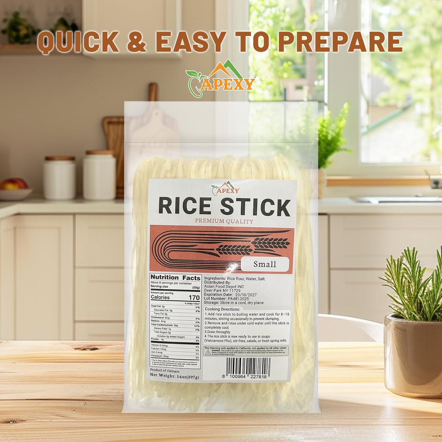 Apexy Rice Sticks, 14 oz Pack of 6 Small Size - Premium Quality Rice Noodles for Stir-Fry, Soup, Pho, Pad Thai, Spring Rolls & More