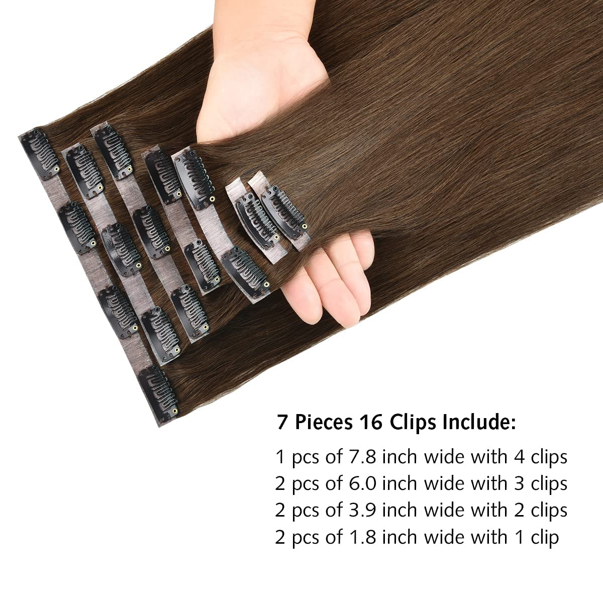 Rose bud Clip In HairExtensions Real Human Hair Remy 7Pcs 16 Clips Seamless Weft 14 Inch Moderate Brown
