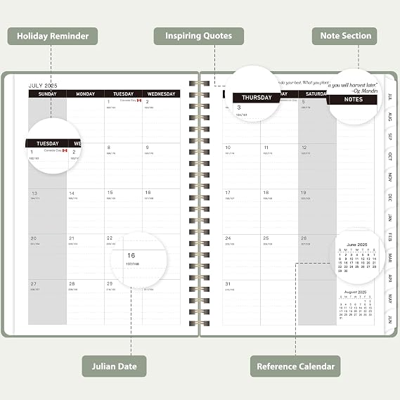 Planner 2025-2026 for Women & Men, Weekly and Monthly Calendar Notebook (July 2025 - June 2026), Hardcover Spiral Bound School Teacher Student Planner with Tabs, Inner Pocket, A5 (6.3 x 8.5)