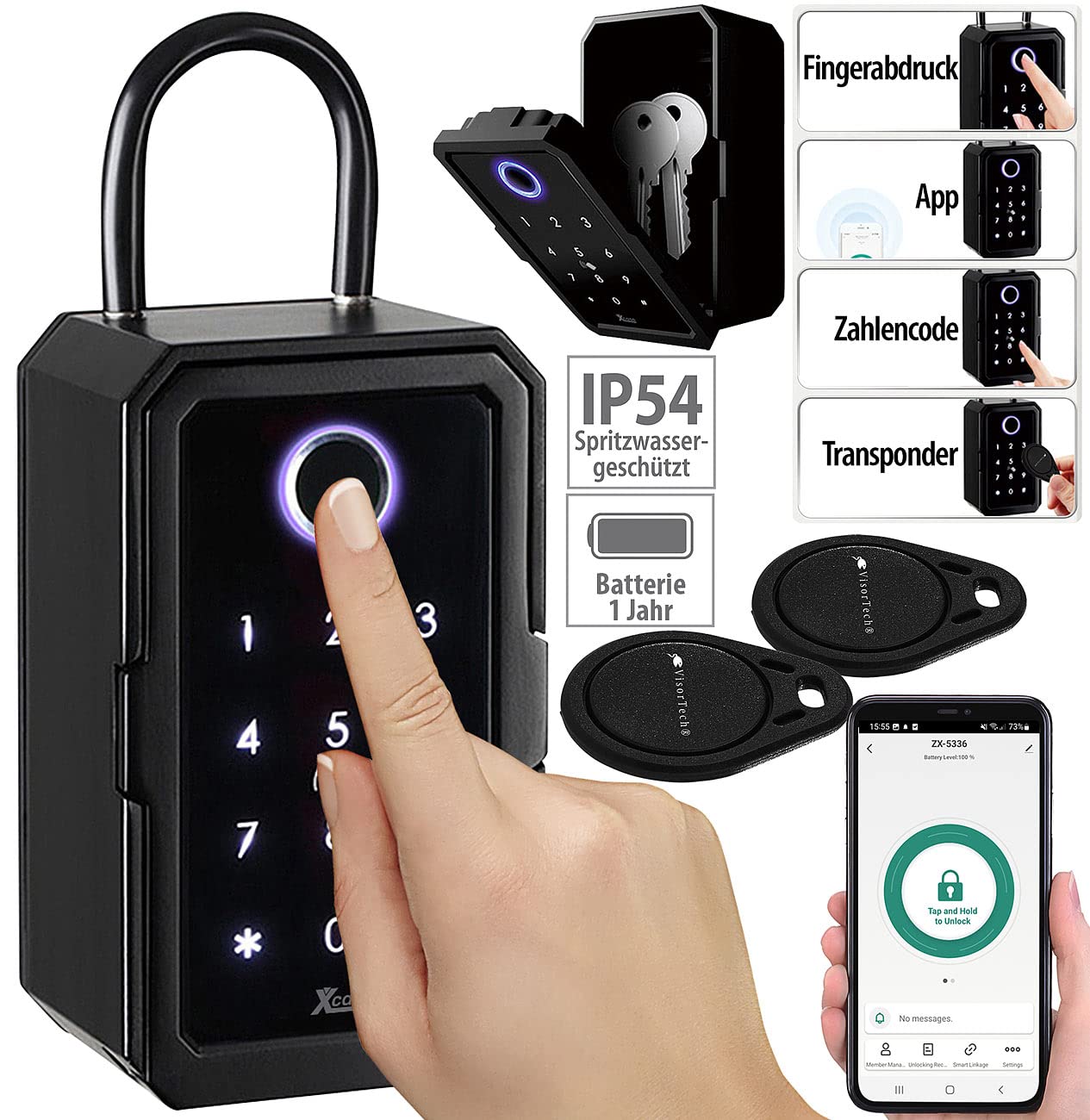 Xcase Schlüsseltresor mit Chip: Smarter Schlüssel-Safe, Touch-PIN, Fingerprint, Transponder, Bluetooth (Schlüsseltresor Fingerprint, Smarter, Auto)