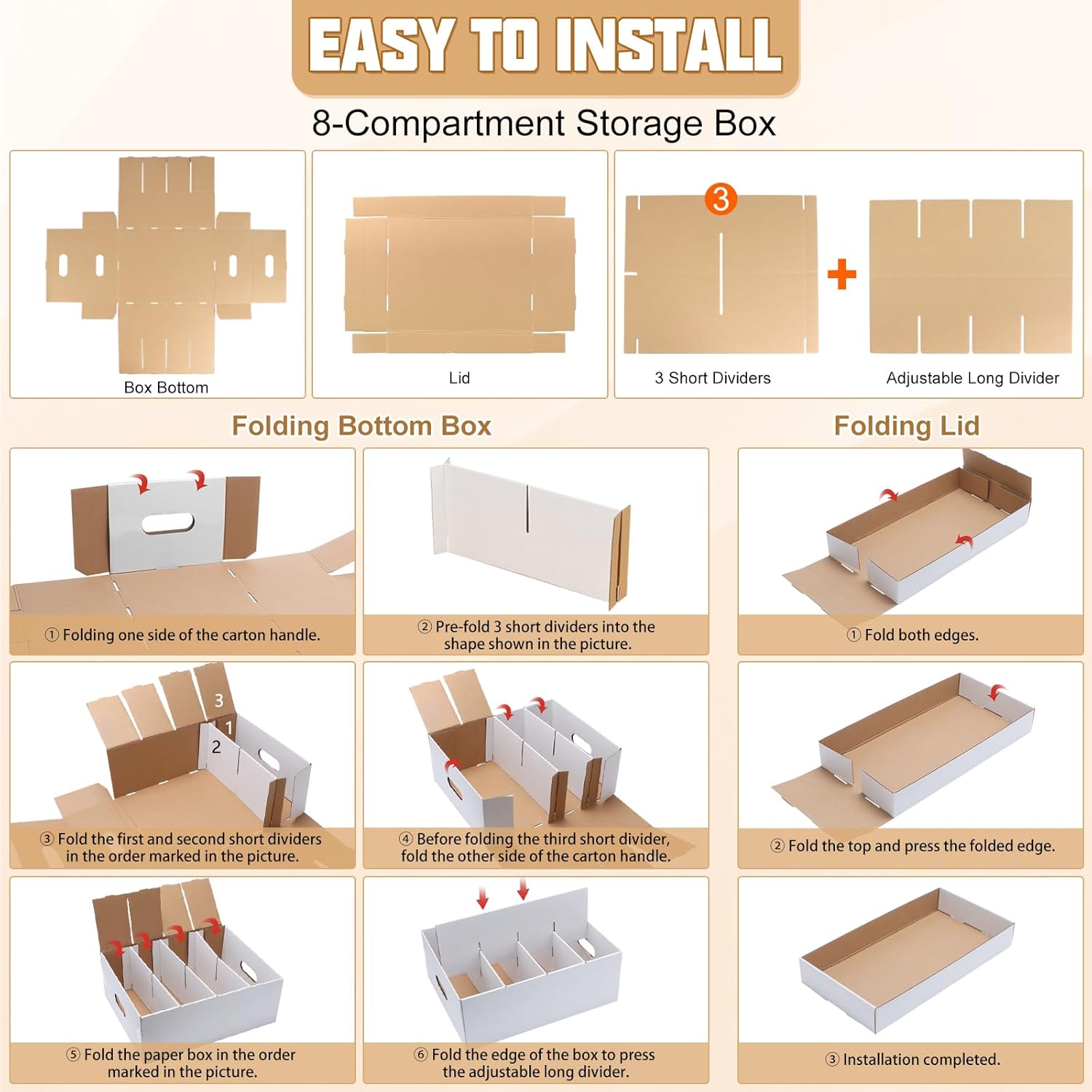 Compartment Storage Box, 4 Pack Organizer Box with Dividers, Detachable Art Storage Organizer with 8 Compartments, Storage Bins with Lids, Craft Organizers for Cards, Photos, Decorations, DIY Crafts