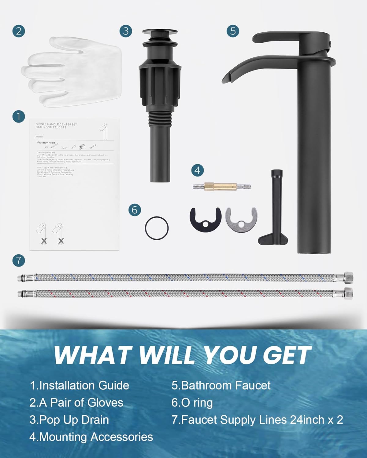 Vessel Sink Faucet Black for Bathroom：WOWOW Single Handle Tall Bathroom Faucet - Waterfall Single Hole Mixer Bar Tap with Large Rectangular Spout, Deck Mount Lavatory Vanity with Pop Up Drain