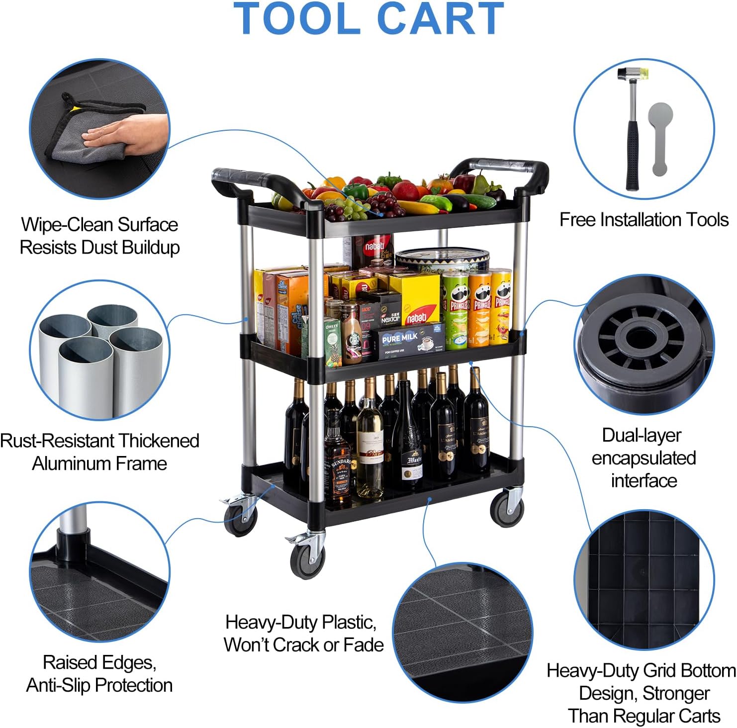 Rolling Utility Carts with Wheels Heavy Duty,3 Tier Rolling Cart with Wheels,510 LBS Food Service Cart with Rubber Mallet and Pad for Restaurant Kitchen Warehouse Office,35.5" x 16.9" x 39.5"(Black)