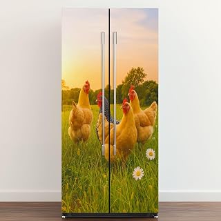 Self Adhesive Vinyl Refrigerator Wrap Chicken Sunset Door Mural Sticker Peel and Stick Removable Door Cover Fridge Wrap Decal for Kitchen Decor