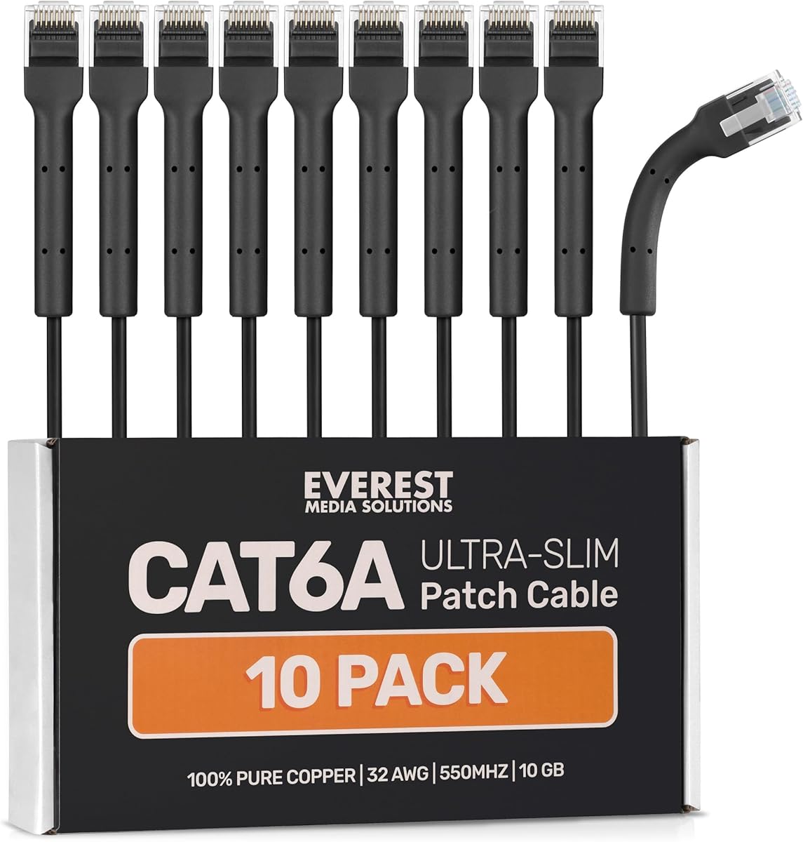 Everest Ultra Slim Cat6a Ethernet Patch Cables 1ft (10-Pack) Black - 10GB Cat 6a Patch Cable - Bendable, Flexible &amp; Thin Ethernet Cable - Space Saving 32AWG 550MHZ Cat6a Cables - 100% Copper Wires