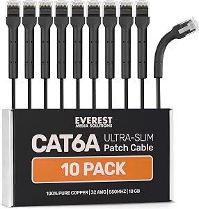 Everest Ultra Slim Cat6a Ethernet Patch Cables 10ft (10-Pack) Black - 10GB Cat 6a Patch Cable - Bendable, Flexible & Thin Ethernet Cable - Space Saving 32AWG 550MHZ Cat6a Cables - 100% Copper Wires | Bendable, Thin and Flexible