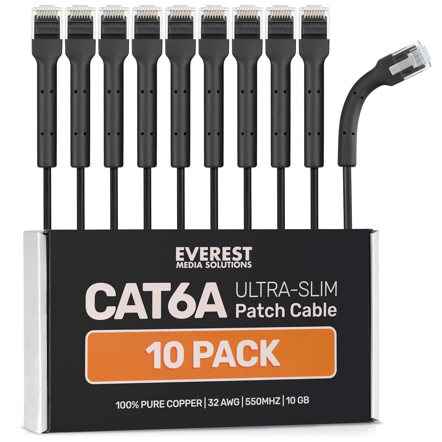 Everest Ultra Slim Cat6a Ethernet Patch Cables 1ft (10-Pack) Black - 10GB Cat 6a Patch Cable - Bendable, Flexible & Thin Ethernet Cable - Space Saving 32AWG 550MHZ Cat6a Cables - 100% Copper Wires