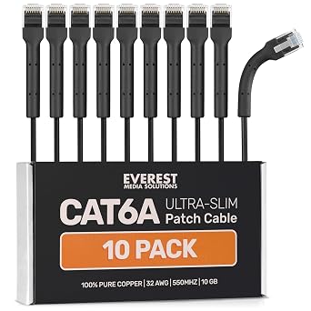 Everest Ultra Slim Cat6a Ethernet Patch Cables 2ft 10-Pack Black