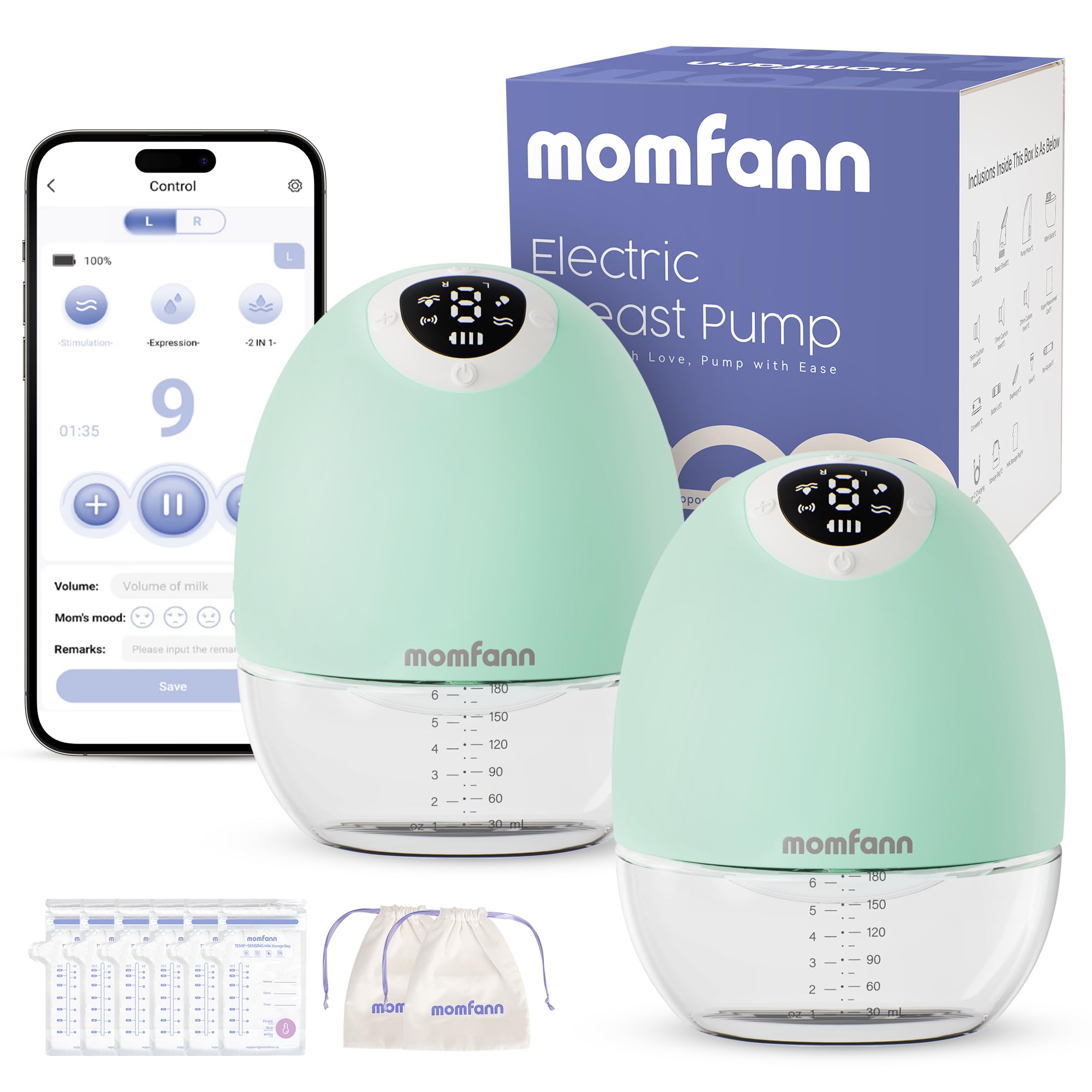 Breast Pump Wearable, Hands-Free APP Control Portable Breastfeeding Pump with Efficient Milk Output, Leak-Proof Design, Discreet, Quieter, 3 Modes 9 Levels Electric Breast Pump, Green