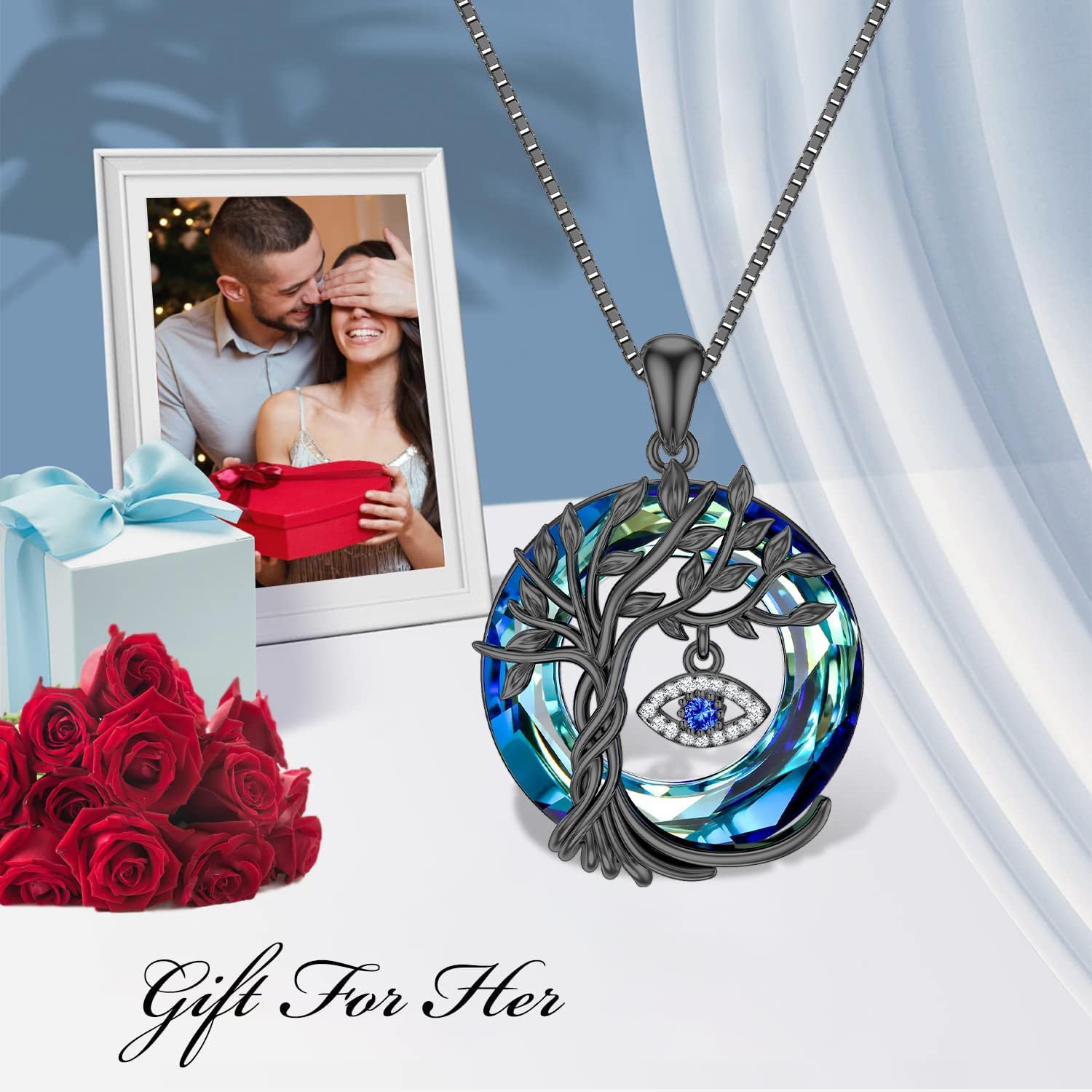TOUPOP Evil Eye Necklace 925 Sterling Silver Tree of Life Circle Crystal Pendant Necklace Protection Jewelry Amulet Birthday Gifts for Women Her - Image 5
