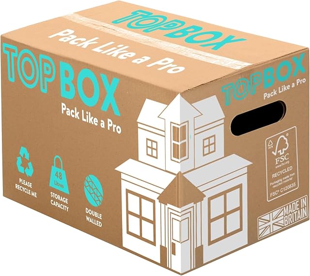 TOPBOX 10 Large Strong 48L Cardboard Boxes For Moving House - 53cm X 30cm X 30cm - Double Walled For Strength & Durability, Recyclable Storage Packing Removal Box With Room List And Handles