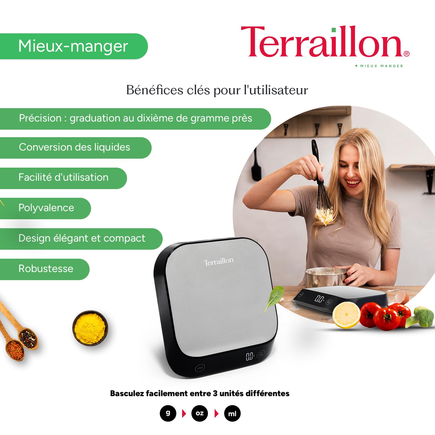 TERRAILLON - EPSILON - Balance de cuisine électronique de précision, Compacte, Capacité 5 Kg, Graduation dynamique 0,1g-0,5g-1g, Ecran LCD rétroéclairé, Inox