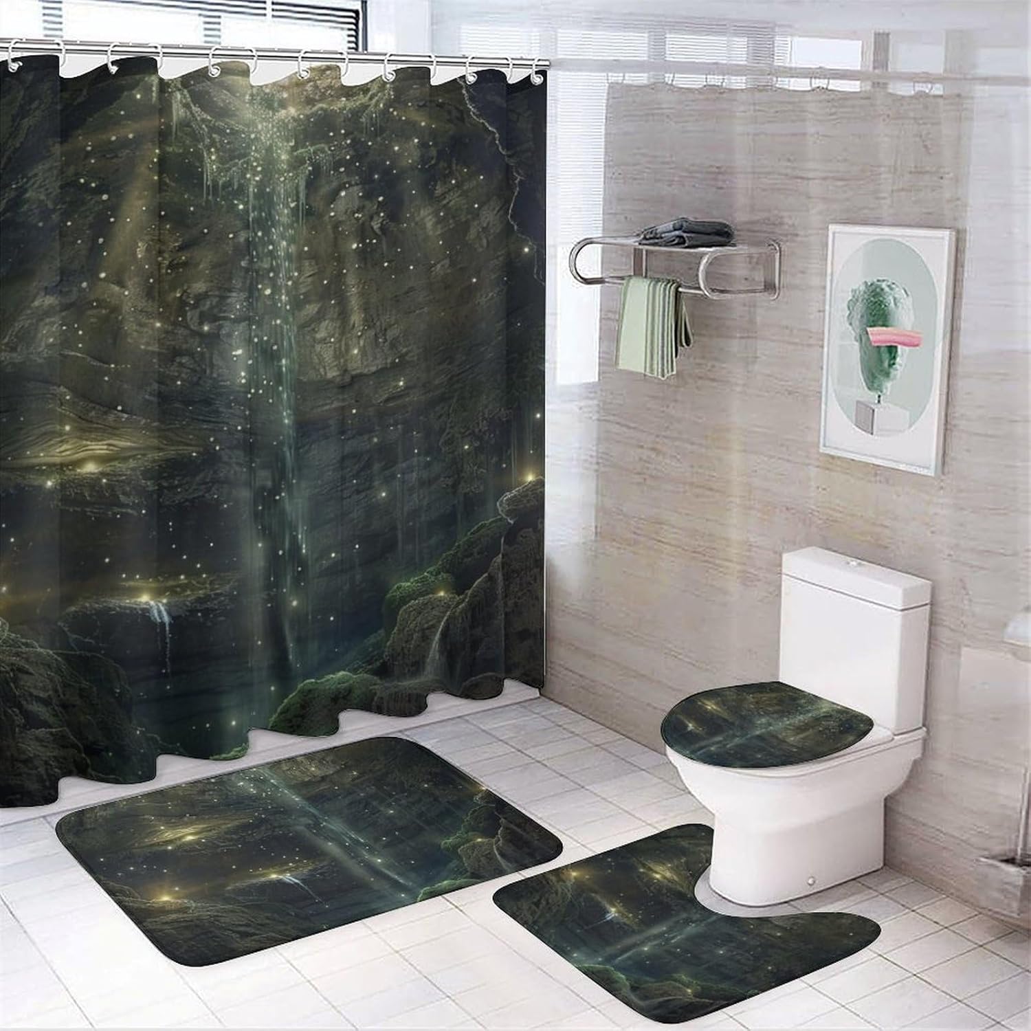 4Pcs Abstract Cave Dreamy Shower Curtain Sets, Bath Mat and Rugs, Rock Waterfall Landscape Shower Curtain with Hooks for Bathroom