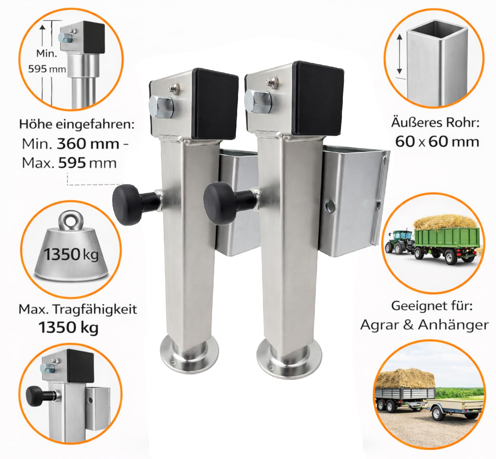 Preiswert&Gut 2X Anhängerstützen & Ausdrehstütze Wohnmobil – Stahlrohr 60x60 mm – höhenverstellbar 360-595 mm Kurbelstütze kippbar und Wohnwagenstützen Anhänger Stütze bis 1350 kg