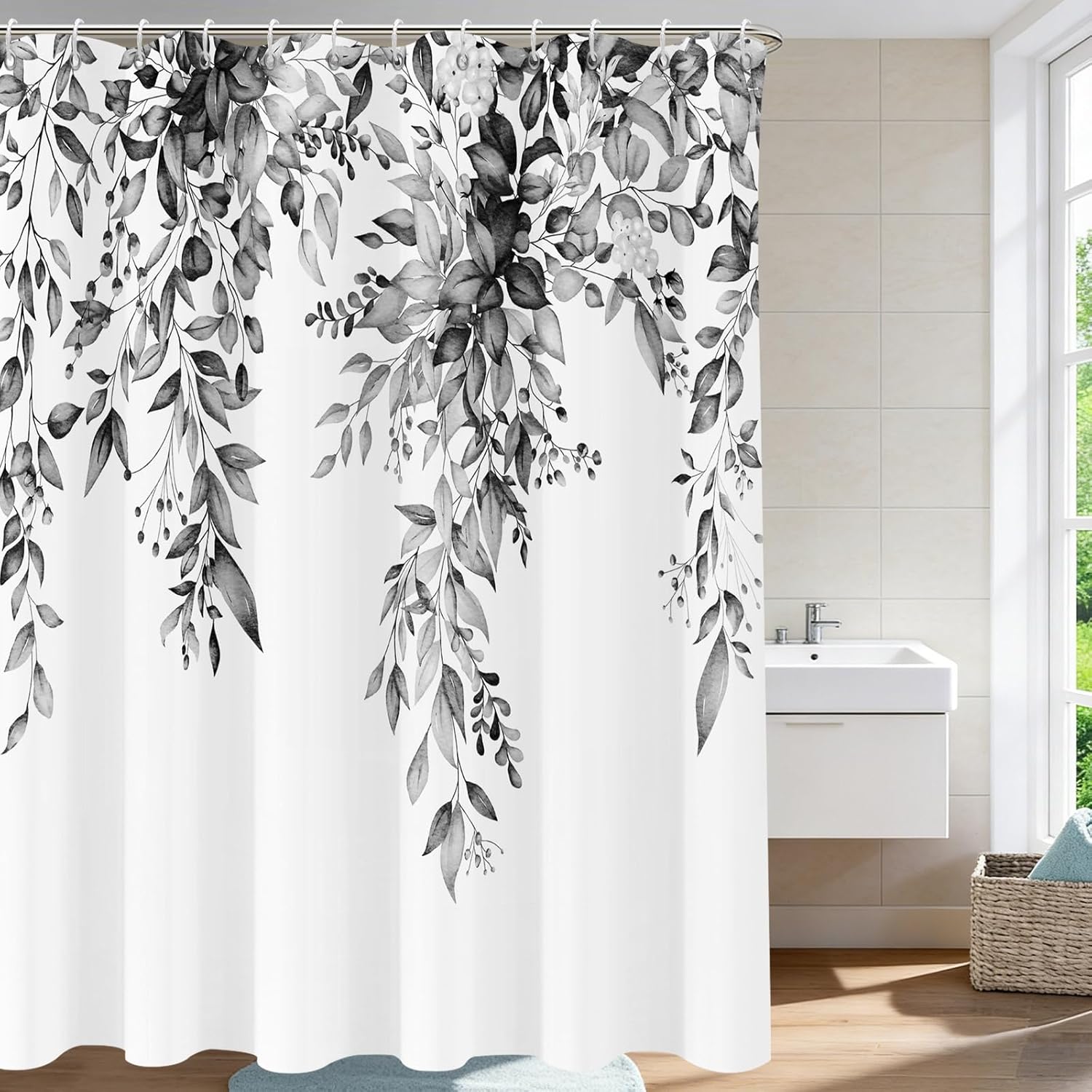 Long Shower Curtain Black and White Eucalyptus Shower Curtains for Bathroom Watercolor Grey Leaves Plants Floral Bathroom Bathtub Curtains Black Leaf Plants Shower Curtain Sets 72x78 in with Hooks