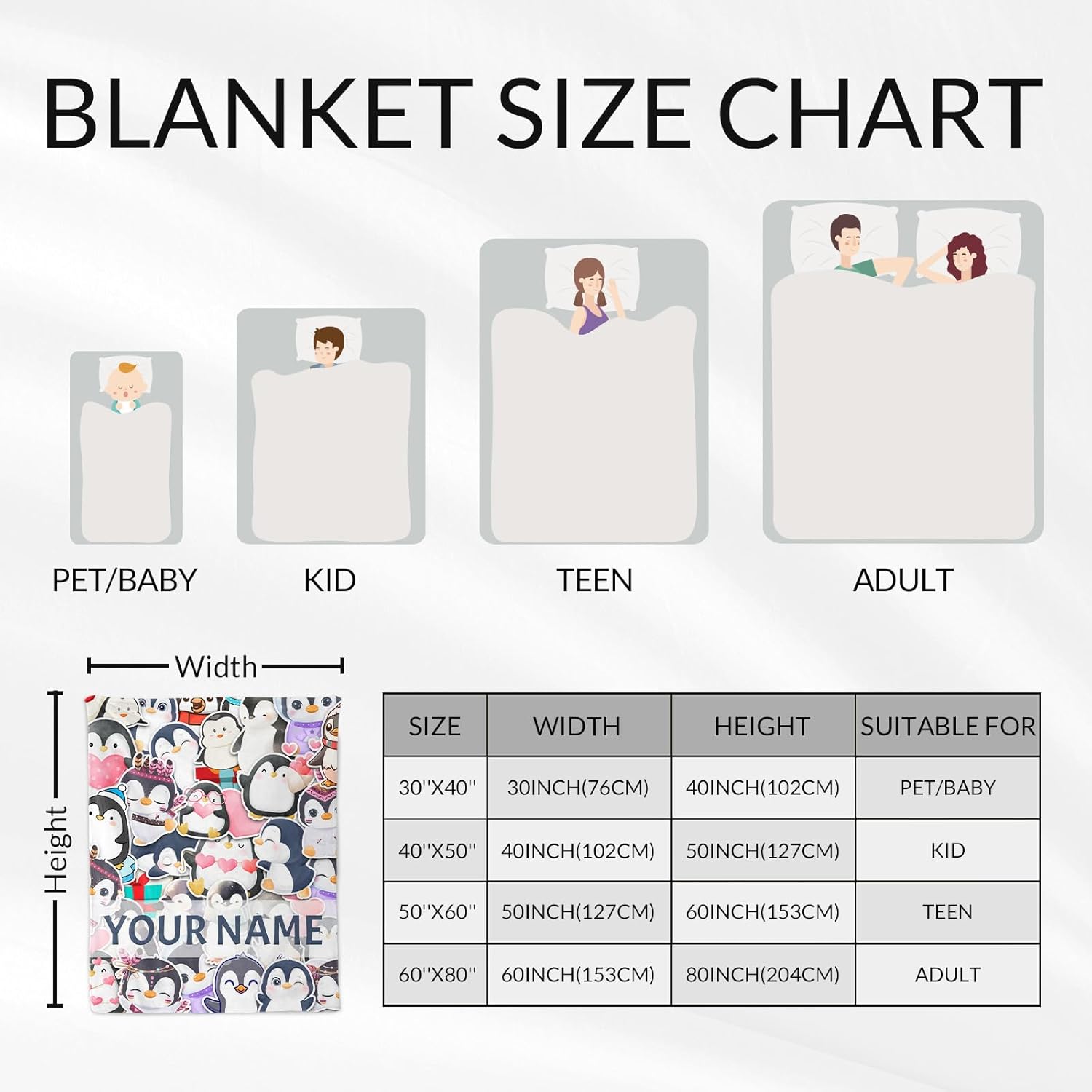 Custom Penguin Gifts with Name - 50x60 Inches Cute Penguin Throw Blanket for Women & Girls - Colorful Soft Fuzzy Plush Blankets for Living Room