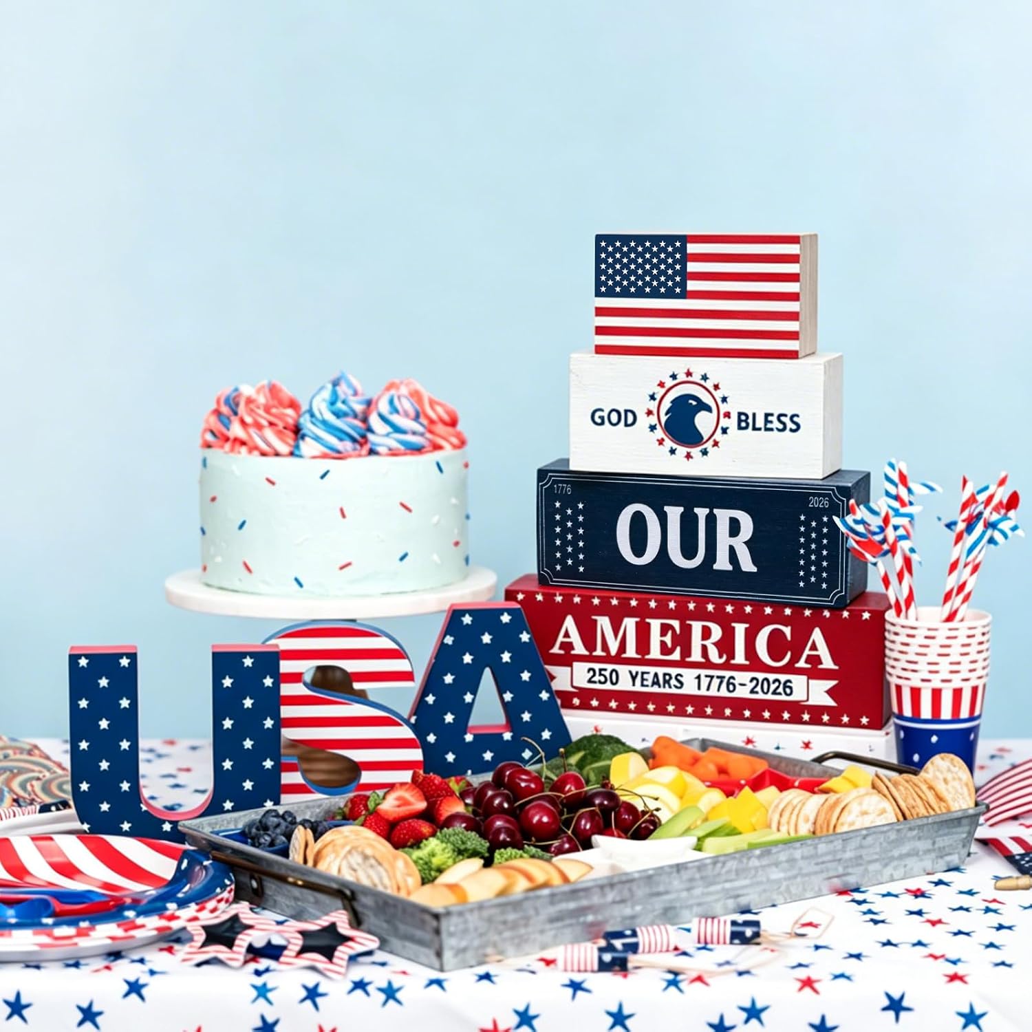 PRATIQUE 4 Pcs 4th of July Decorations Patriotic Memorial Day Tabletop Decorations Red White Blue Table Centerpieces Sign for Office Tiered Tray Home Shelf 250th Anniversary