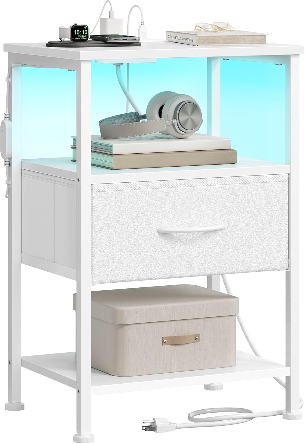 SONGMICS BELLAH Collection - Nightstand with Charging Station and App-Controlled Adjustable LED Lights, Bed Side Table, 3 Drawer and 1 Open Shelf, Bedroom, Ink Black and Ebony Black ULGS303BH01S