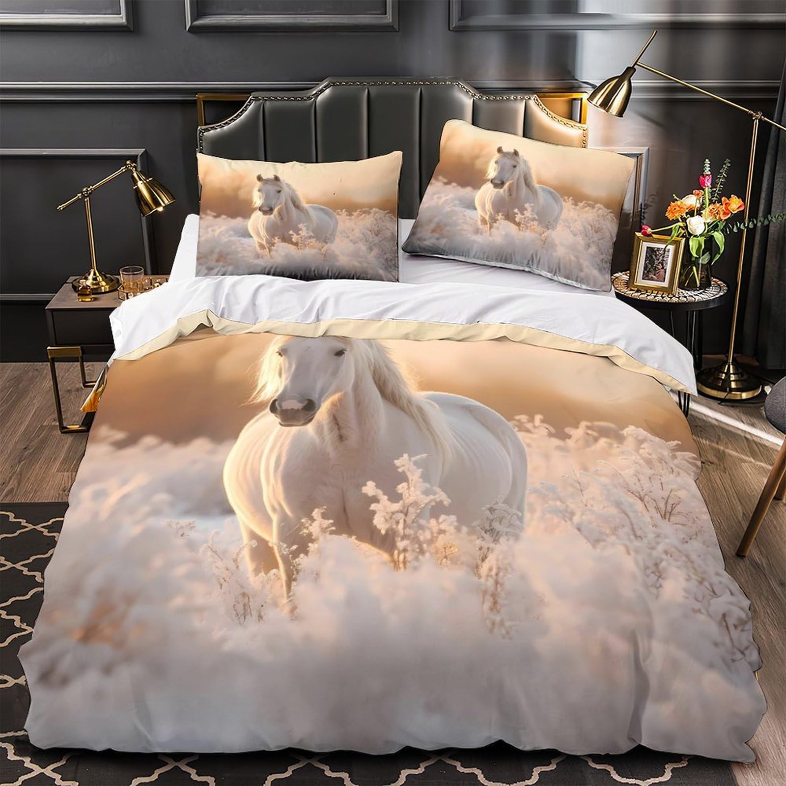 Parure de lit ultra douce effet 3D cheval blanc en microfibre premium