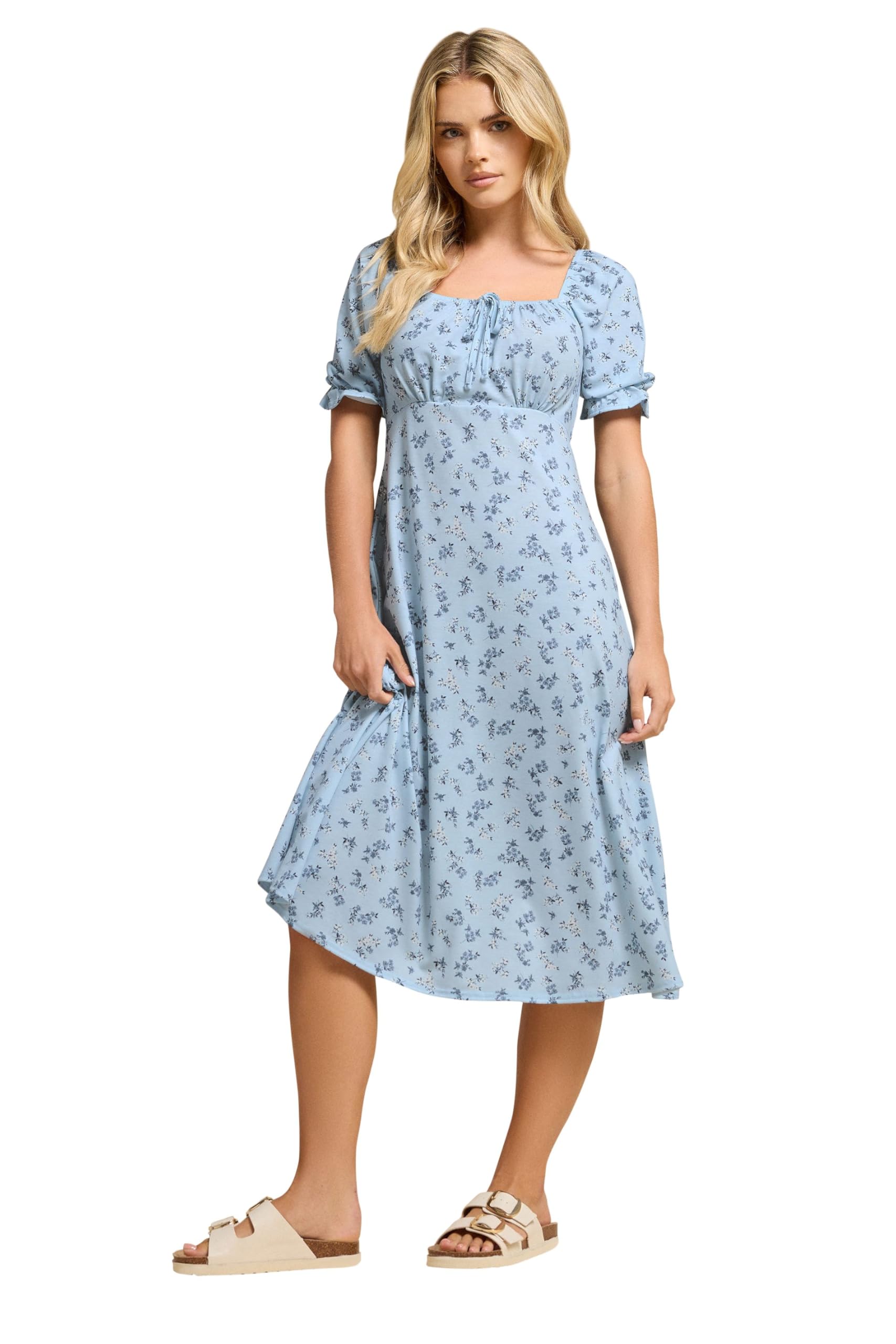 PixieGirl Petite Blue Ditsy Floral Tie Front Midi Dress Petite