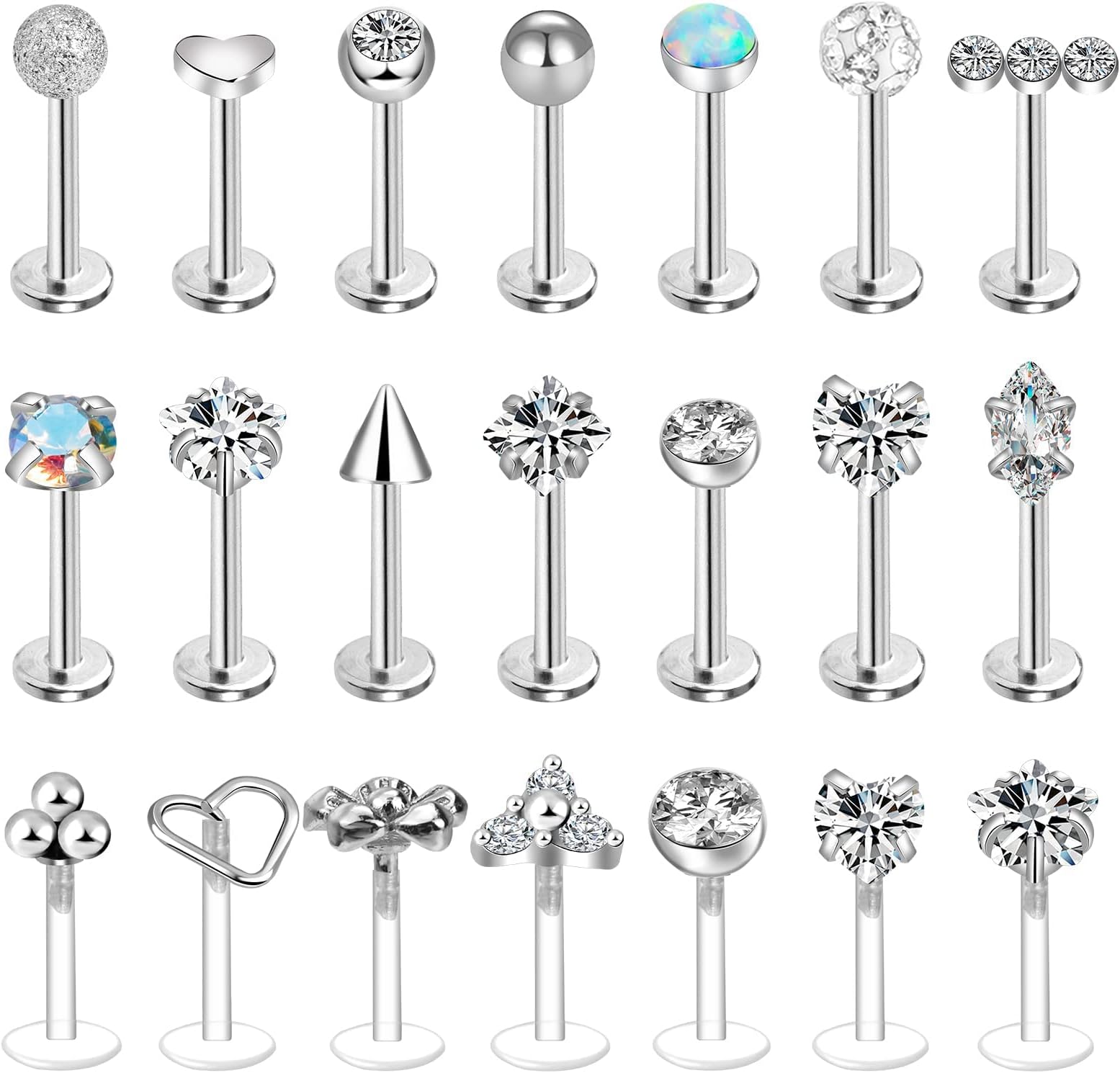 Defrsk 21 Pcs Tragus Earrings for Women Men Cartilage Earrings Labret Lip Piercing Stainless Steel Nose Studs 16G, Stainless Steel