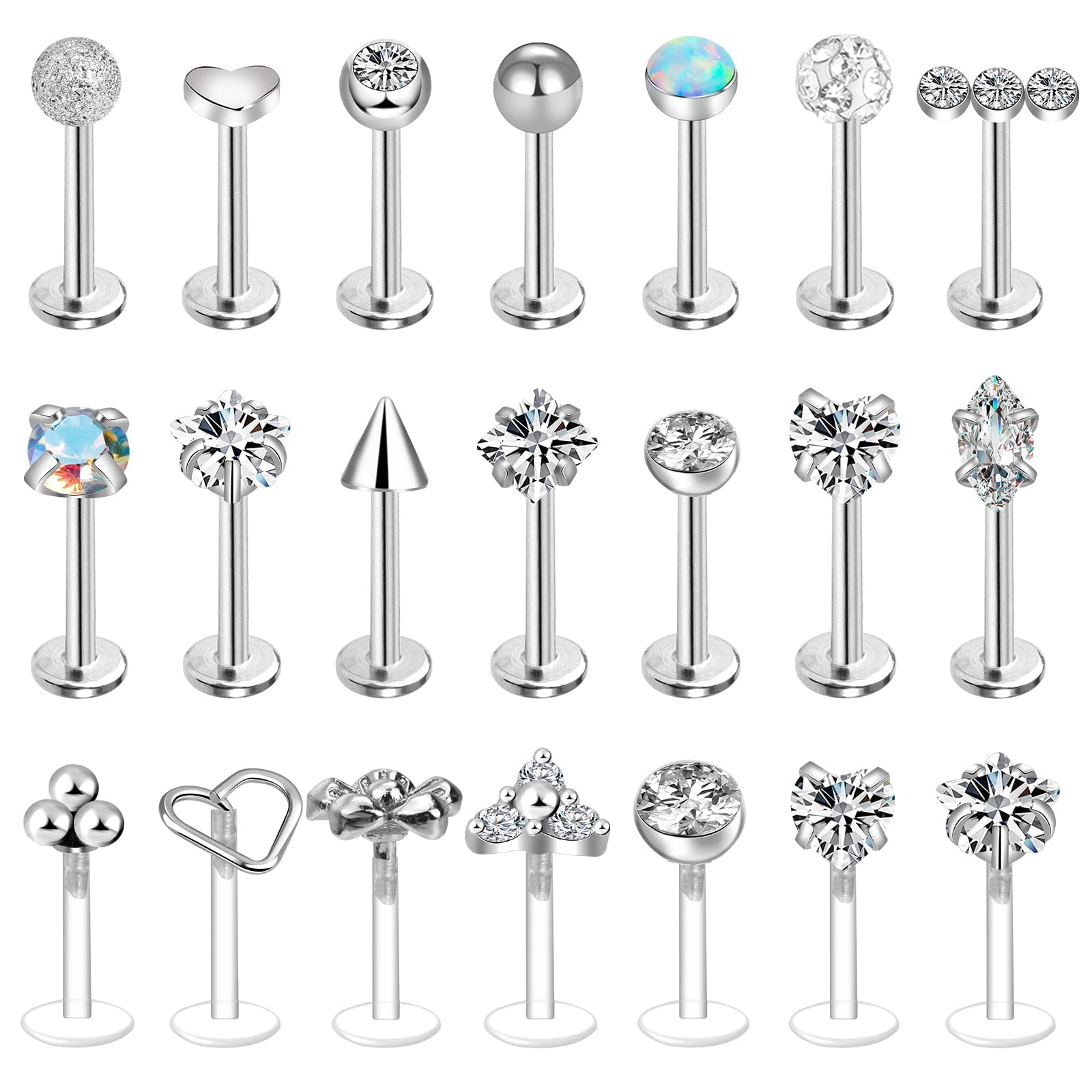 Defrsk 21 Pcs Tragus Earrings for Women Men Cartilage Earrings Labret Lip Piercing Stainless Steel Nose Studs 16G, Stainless Steel