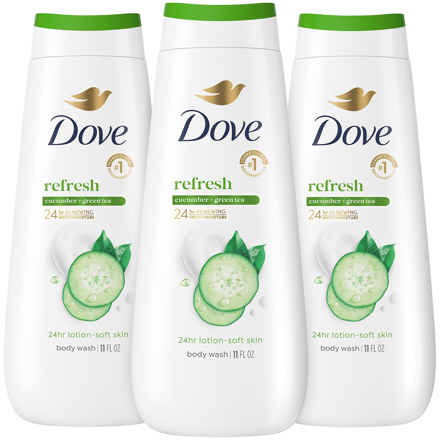 Dove Body Wash, Refresh 3-Pack, Cucumber & Green Tea, Moisturizing for Lotion-Soft Skin, 11 Oz Ea