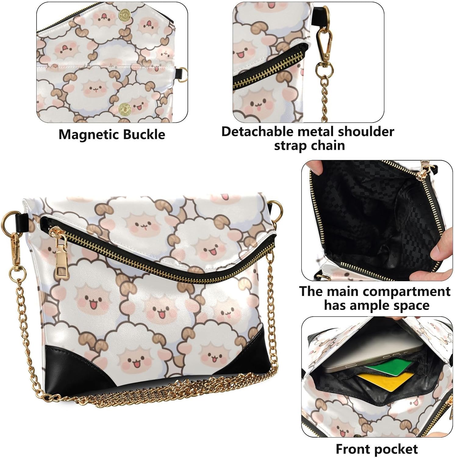 PU Leather Clutch Handbags for Women Anti-Theft Envelope Clutch Bag for Lady Cute Cartoon Sheep White
